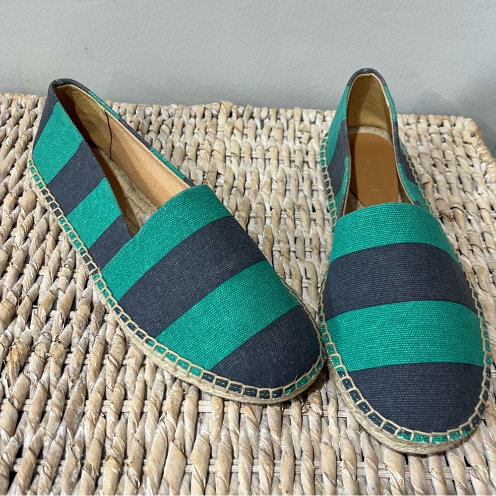 J. Crew Striped Canvas Slip-On Flat Espadrilles Navy Kelly Green AW595 7 NIB